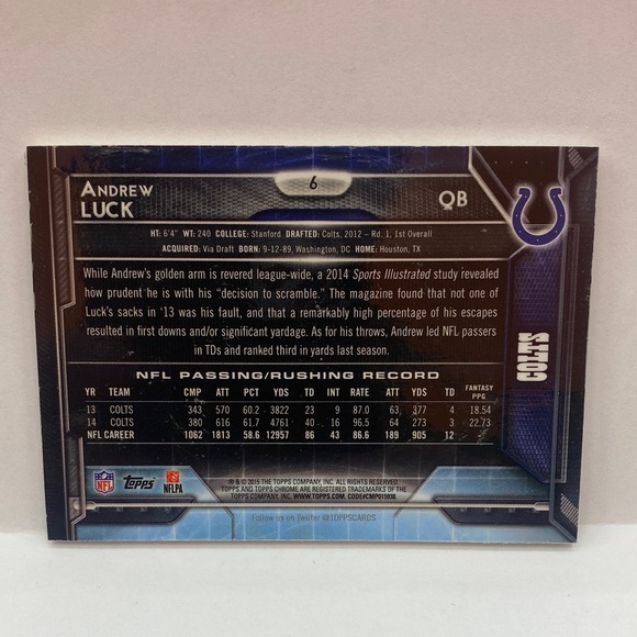 2015 Topps Chrome Andrew Luck Colts #6 Custom Jersey (076) - Picture 2 of 2
